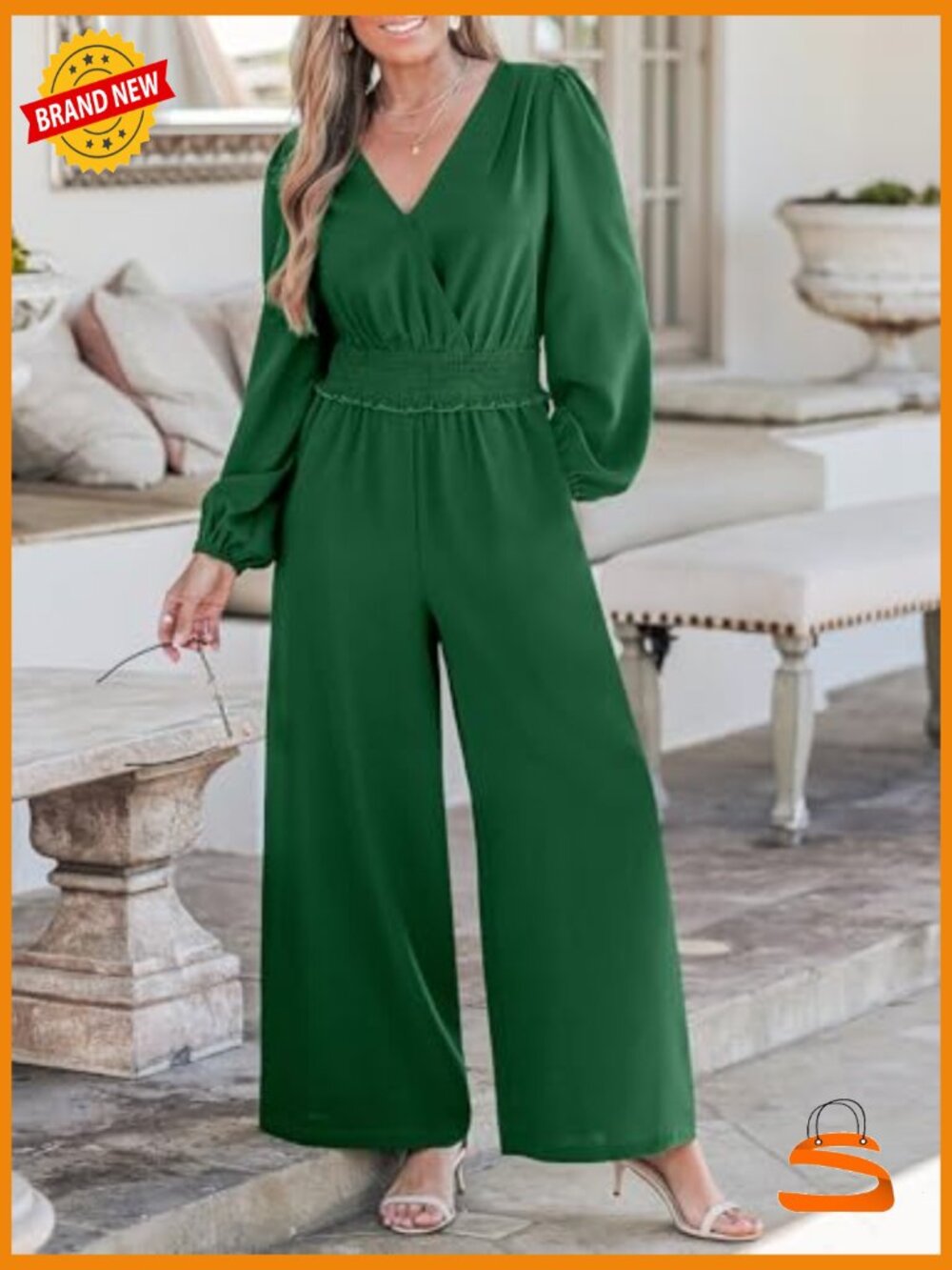 Long Sleeve Jumpsuit Dressy Smocked Waist V Neck Wide Leg Flowy One Piece - Picture 5 of 7